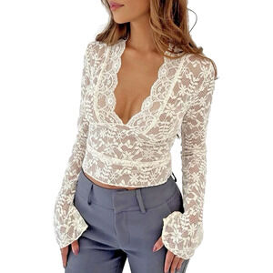 9043 Belle Lovin White Lace Top Bell long Sleeve white machine washable size Med